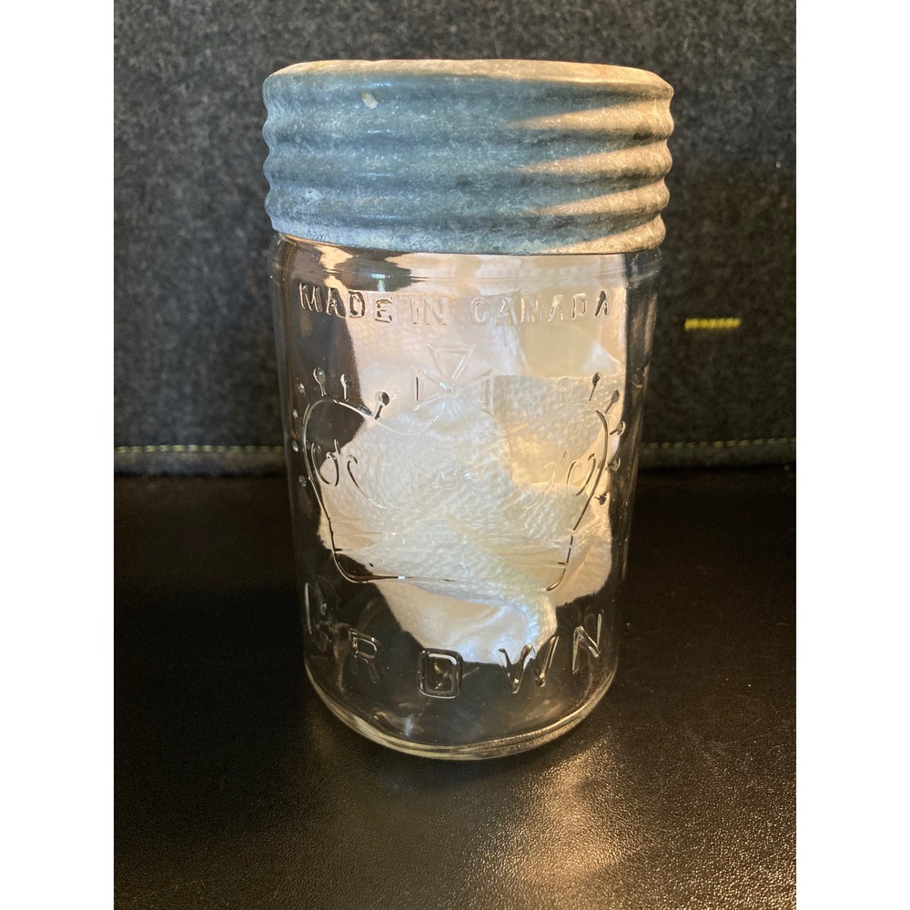 Vtg Crown Mason Jar Made‎ In Canada Original Zinc Lid Embossed Crown Quart Jar
